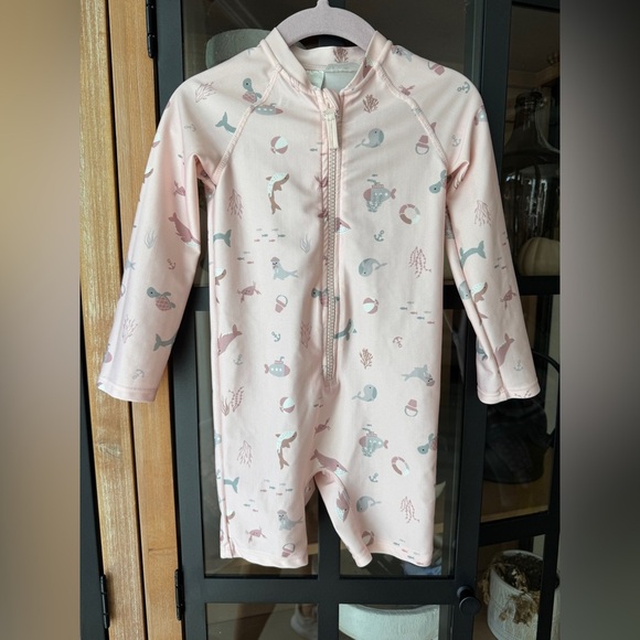 H&M rashguard one piece swimsuit romper long sleeve toddler girl zipper ocean - Picture 2 of 6